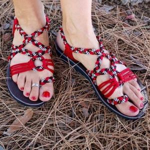Red Women's Sandals Handmade Knitted Rope